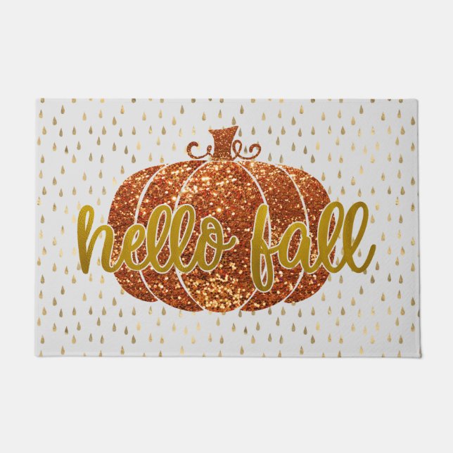 Hello Fall Glitter Pumpkin + Metallic Gold & White Doormat (Front)