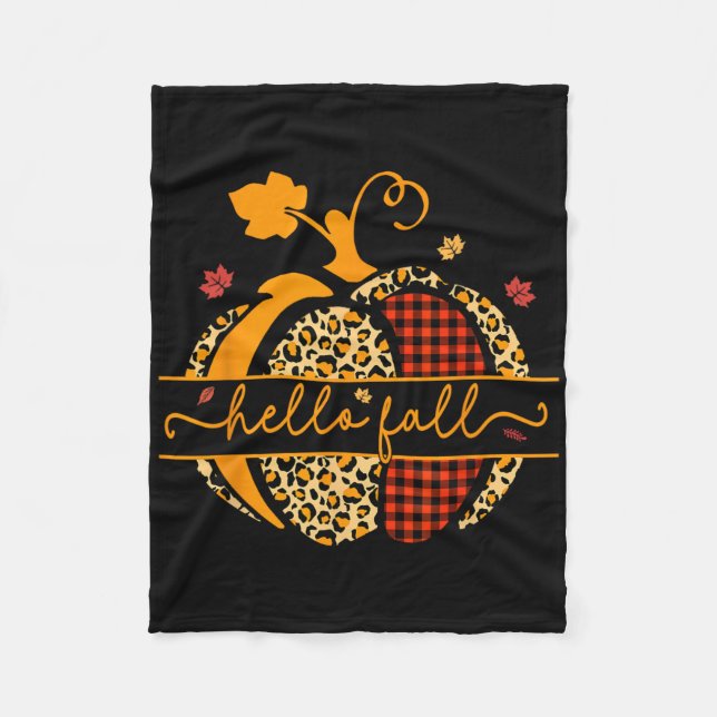 Hello Fall Happy Fall Y'all Autumn Pumpkin Leopard Fleece Blanket (Front)