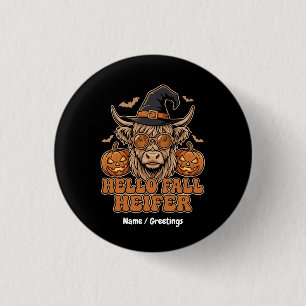 Hello Fall Heifer Halloween Highland Cow Retro 3 Cm Round Badge