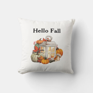 Hello Fall Lantern Pumpkins Autumn Decor Cushion