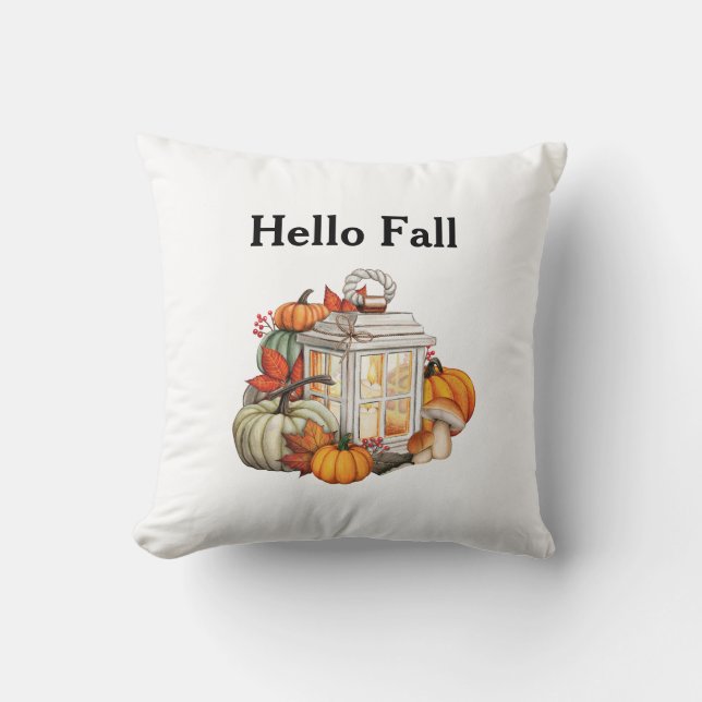 Hello Fall Lantern Pumpkins Autumn Decor Cushion (Front)