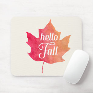 Hello Fall Leaf Autumn Quote Watercolor Mouse Mat