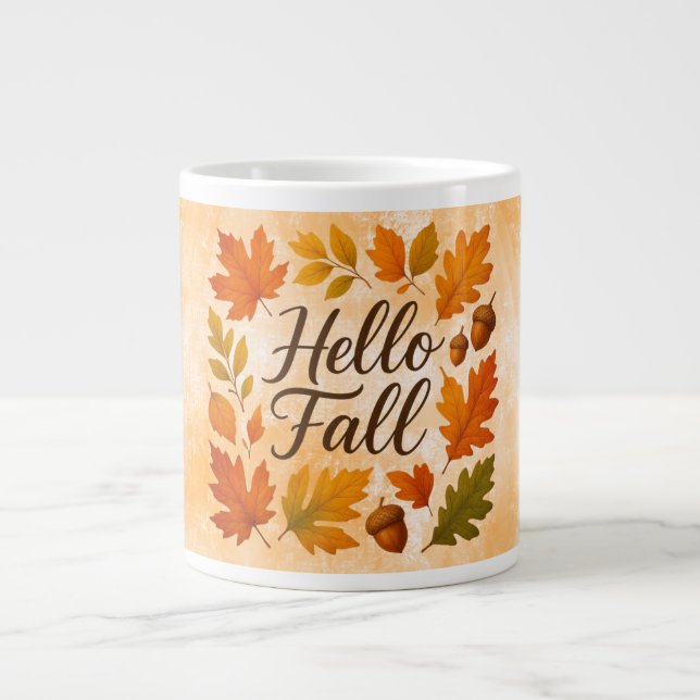 Hello Fall leaves and acorns Large Coffee Mug (Front)