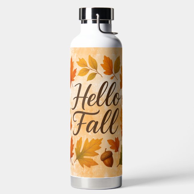 Hello Fall leaves and acorns Water Bottle (Left)
