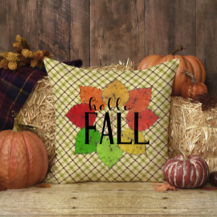 Hello Fall Leaves Family Name Green Plaid Tartan Cushion