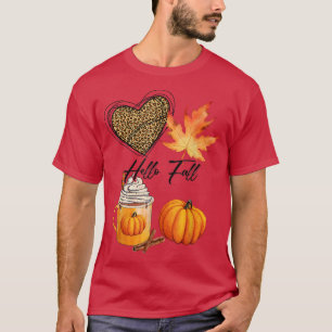 Hello Fall Leopard Heart Pumpkin Autumn Leaves Tha T-Shirt