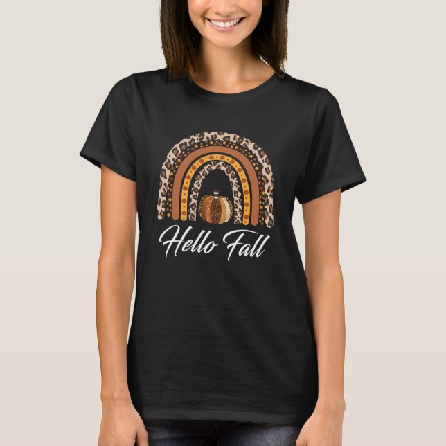 Hello Fall Leopard Pumpkin Rainbow Thanksgiving At T-Shirt (Front)