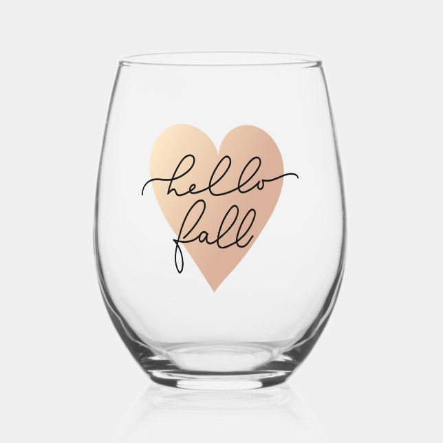 Hello Fall Love Heart Stemless Wine Glass (Front)
