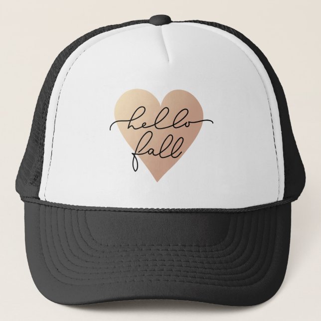 Hello Fall Love Heart Trucker Hat (Front)