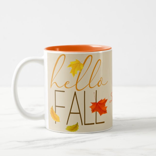 Hello Fall Modern Typography and Leaves Two-Tone Coffee Mug (Left)