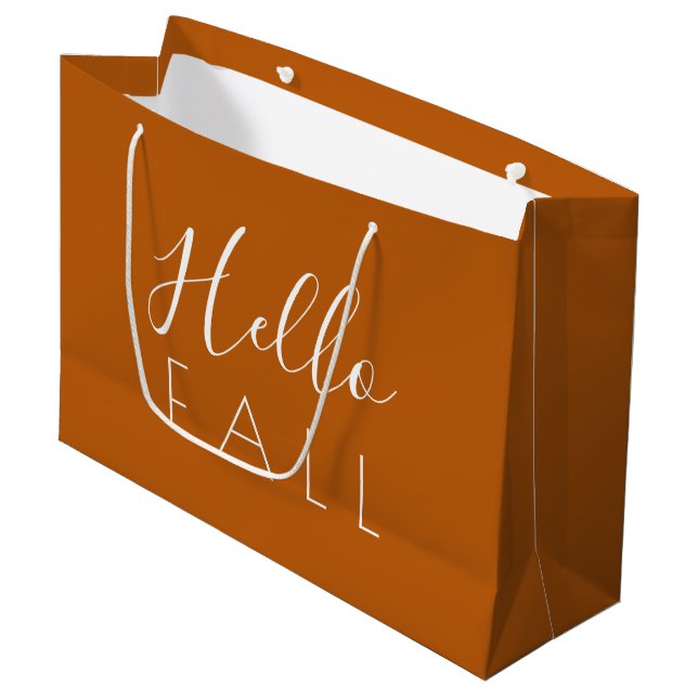 Hello Fall Orange Minimalist Autumn Large Gift Bag (Front Angled)
