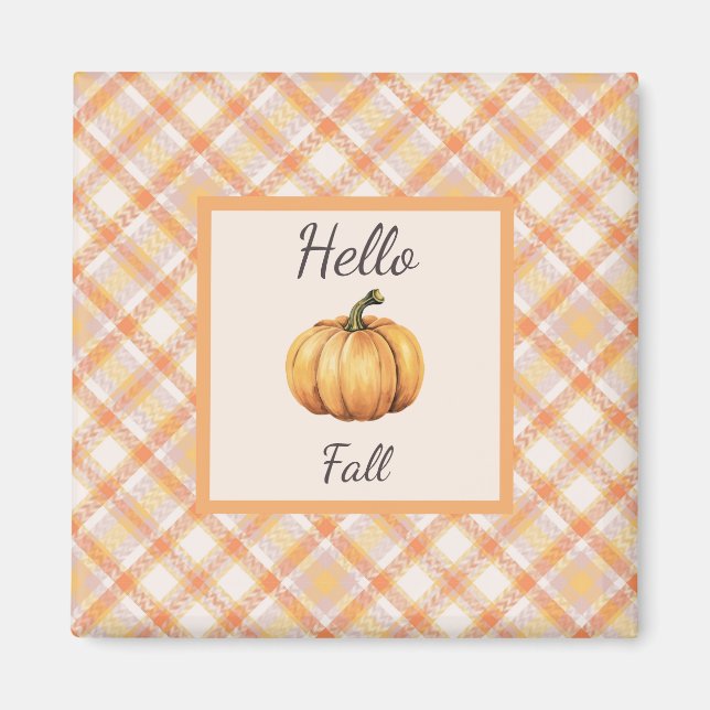 Hello Fall Orange Rustic Plaid and Pumpkin Magnet (Front)