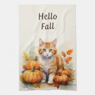 Hello Fall Orange Tabby Kitchen Towel