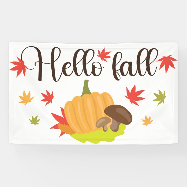 Hello Fall Pumpkin and Mushrooms Autumn  Banner (Horizontal)