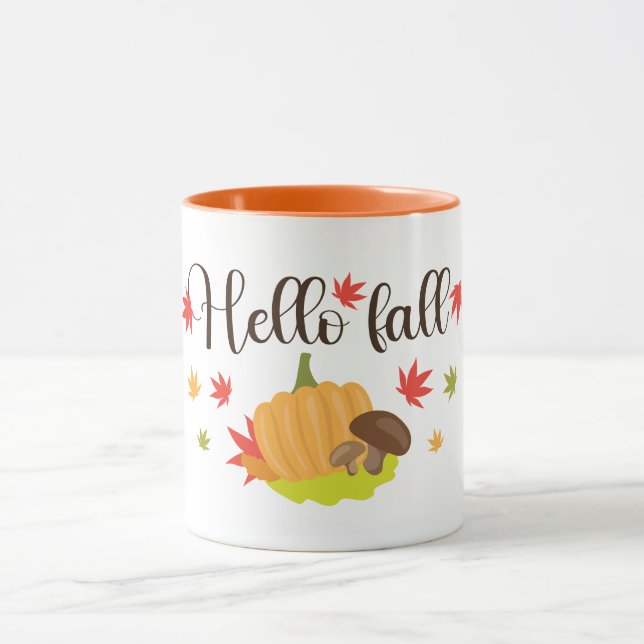Hello Fall Pumpkin and Mushrooms Autumn  Mug (Center)