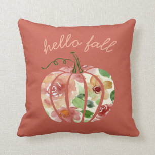 Hello Fall Pumpkin Autumn Orange Watercolor Floral Cushion