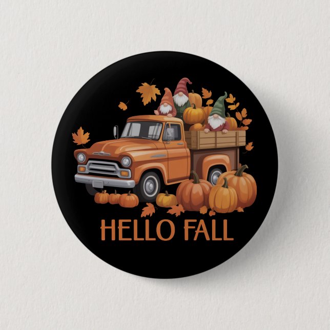 Hello Fall Pumpkin Pickup Truck Gnome Autumn Tree  6 Cm Round Badge (Front)