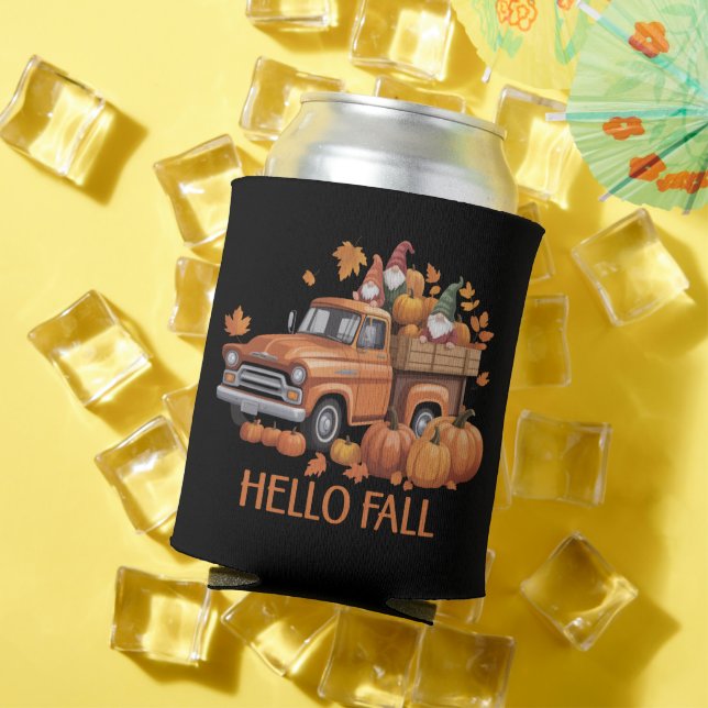 Hello Fall Pumpkin Pickup Truck Gnome Autumn Tree  Can Cooler (In Situ Summer)