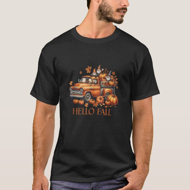 Hello Fall Pumpkin Pickup Truck Gnome Autumn Tree  T-Shirt (Front)