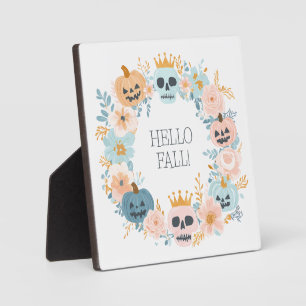 Hello Fall Pumpkin Skull Halloween Floral Modern Plaque
