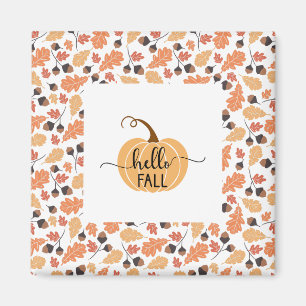 Hello Fall Pumpkin with Autumn Leaves Frame Magnet