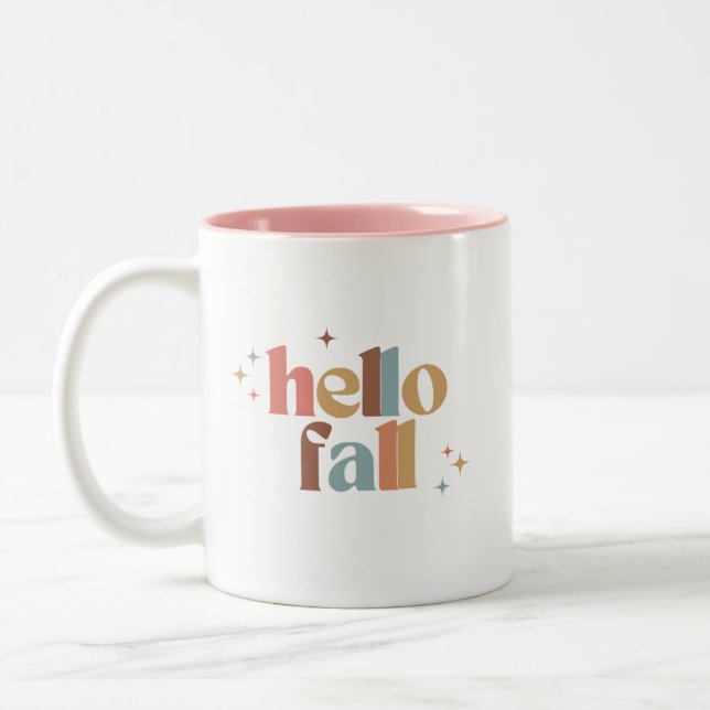 Hello Fall Retro Typography Two-Tone Coffee Mug (Left)