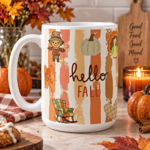Hello Fall Rustic Patchwork Orange Leaves Stripes Coffee Mug