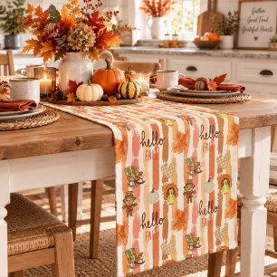 Hello Fall Rustic Patchwork Orange Leaves Stripes Short Table Runner