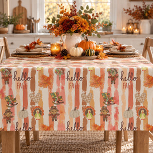 Hello Fall Rustic Patchwork Orange Leaves Stripes Tablecloth