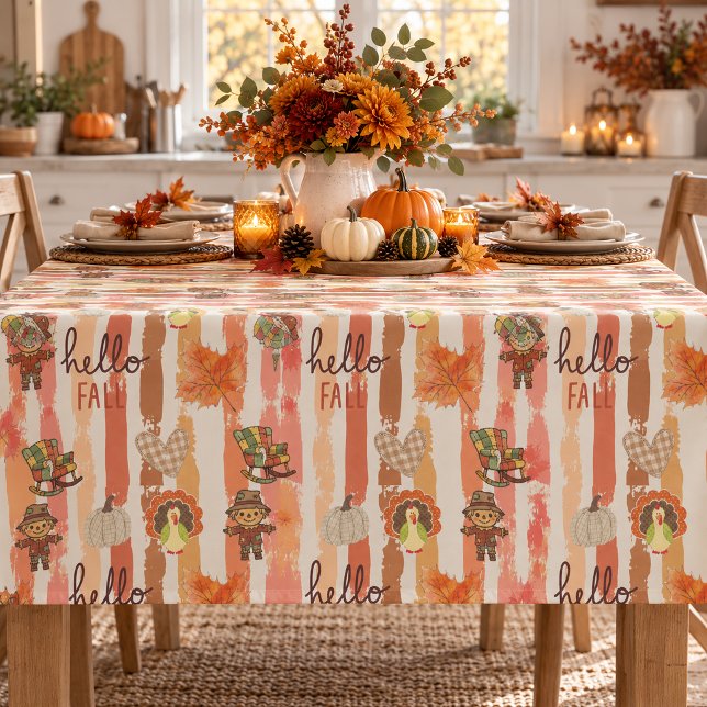 Hello Fall Rustic Patchwork Orange Leaves Stripes Tablecloth (Creator Uploaded)