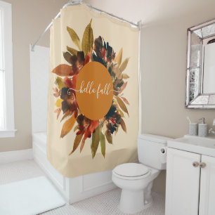 Hello Fall Script Floral Watercolor Autumn  Shower Curtain