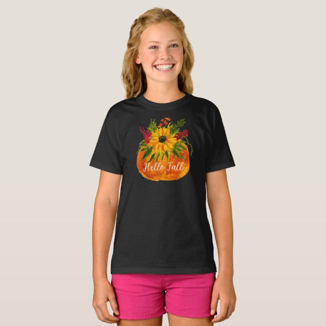 Hello Fall Sunflowers Pumpkin Autumn Rustic T-Shirt (Front Full)