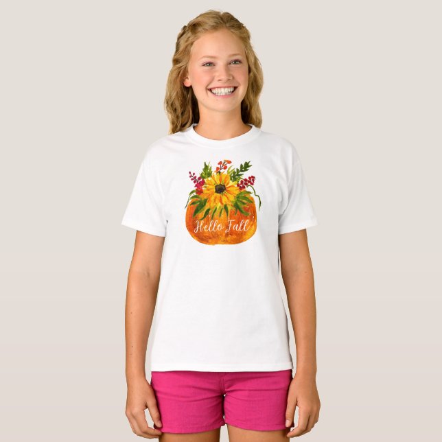 Hello Fall Sunflowers Pumpkin Autumn Rustic T-Shirt (Front Full)