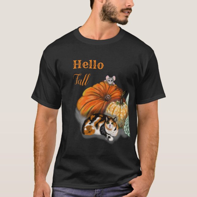 Hello Fall T-shirt with Whimsical Cat and Mouse (Front)