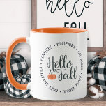 Hello Fall Two-Toned Mug<br><div class="desc">This two-toned mug features a beautifully scripted "Hello Fall" in a circle of autumn's favourite activities:  Bonfire,  Pumpkins,  Hay rides,  Apple Cider,  and Cosy Sweaters.</div>