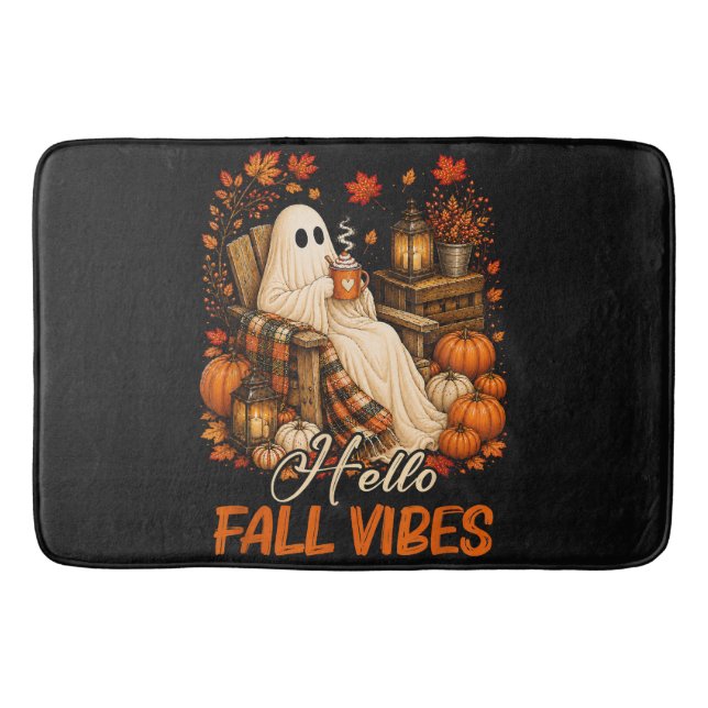 Hello Fall Vibes Ghost Cute Autumn Pumpkin Bath Mat (Front)