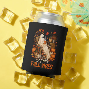 Hello Fall Vibes Ghost Cute Autumn Pumpkin Can Cooler