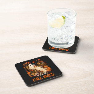 Hello Fall Vibes Ghost Cute Autumn Pumpkin Coaster