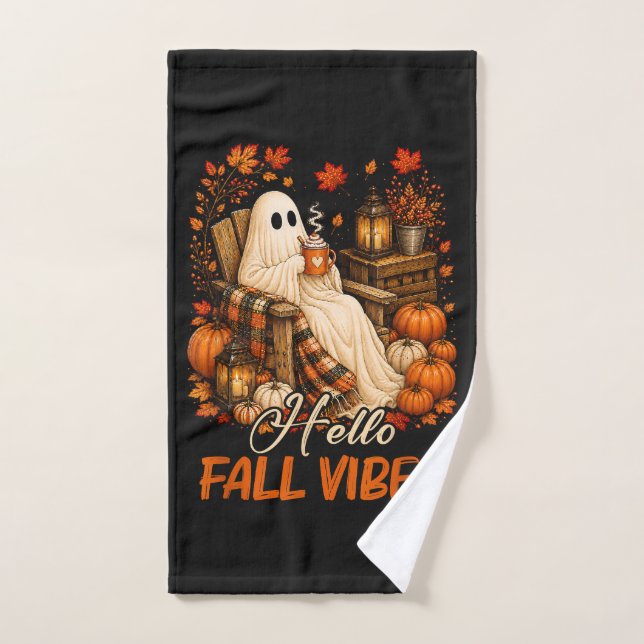 Hello Fall Vibes Ghost Cute Autumn Pumpkin Hand Towel (Hand Towel)