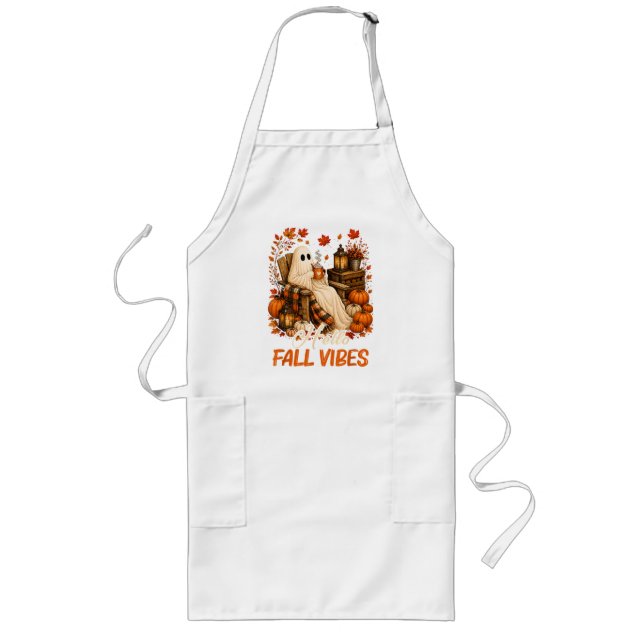 Hello Fall Vibes Ghost Cute Autumn Pumpkin Long Apron (Front)