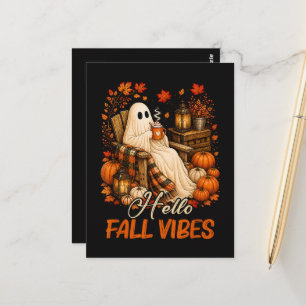 Hello Fall Vibes Ghost Cute Autumn Pumpkin Postcard