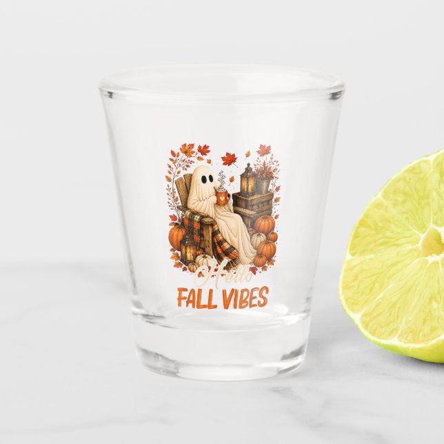 Hello Fall Vibes Ghost Cute Autumn Pumpkin Shot Glass (Front)