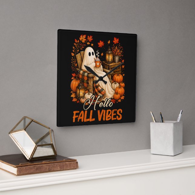 Hello Fall Vibes Ghost Cute Autumn Pumpkin Square Wall Clock (Office)