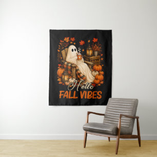 Hello Fall Vibes Ghost Cute Autumn Pumpkin Tapestry