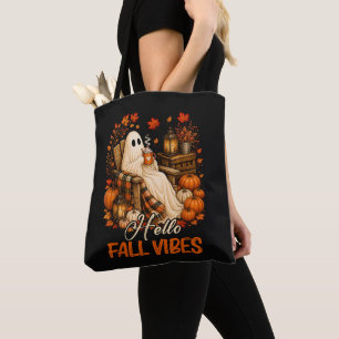 Hello Fall Vibes Ghost Cute Autumn Pumpkin Tote Bag