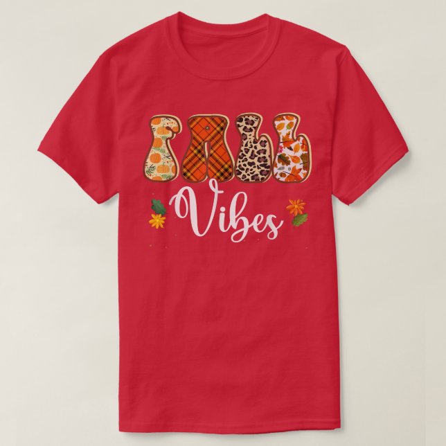 Hello Fall Vibes Leopard Plaid Fall Leaves Autumn  T-Shirt (Design Front)