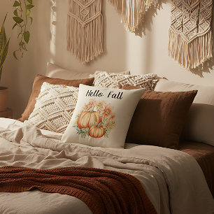 Hello Fall Watercolor Farmhouse Autumn Pumpkins Cushion