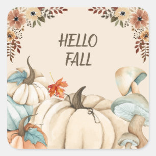 Hello Fall Watercolor Pumpkins and Flowers  Square Sticker