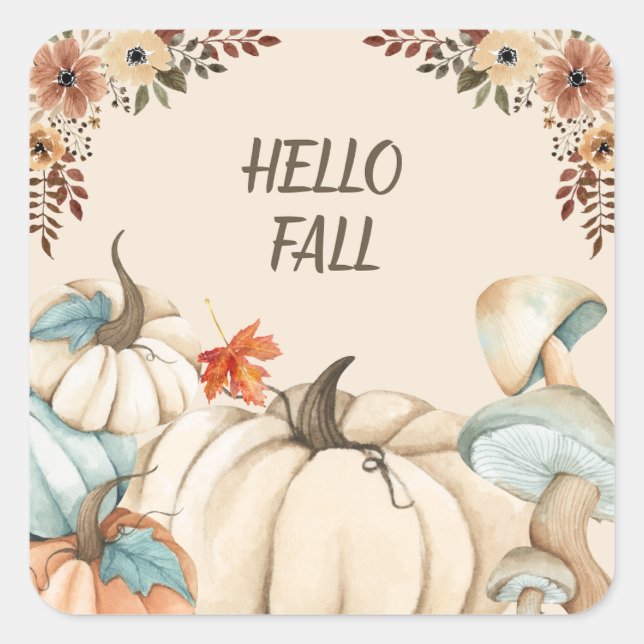 Hello Fall Watercolor Pumpkins and Flowers  Square Sticker (Front)