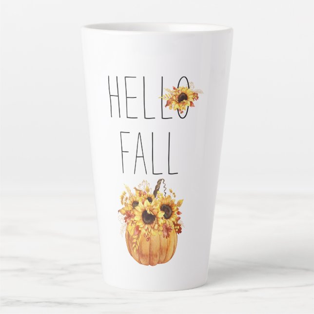 Hello Fall Watercolor Sunflowers And Pumpkin Latte Mug (Front)